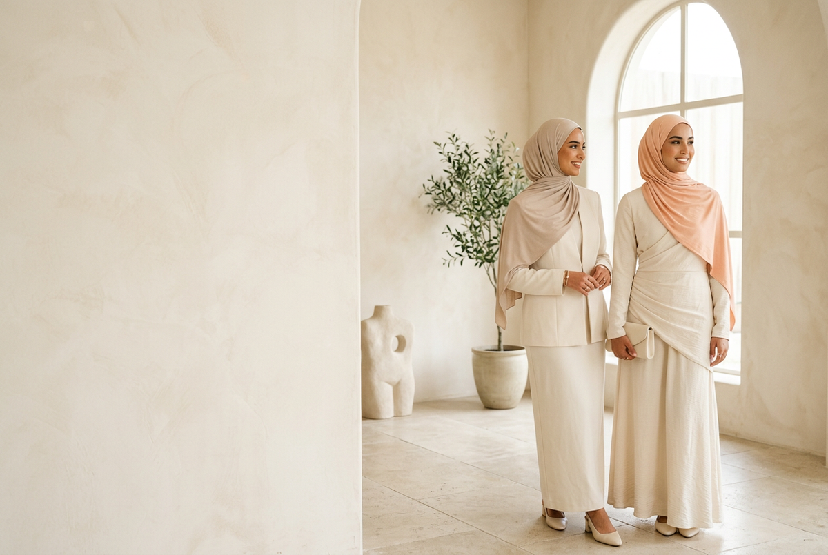 Peach and beige hijab campaign image for your hero